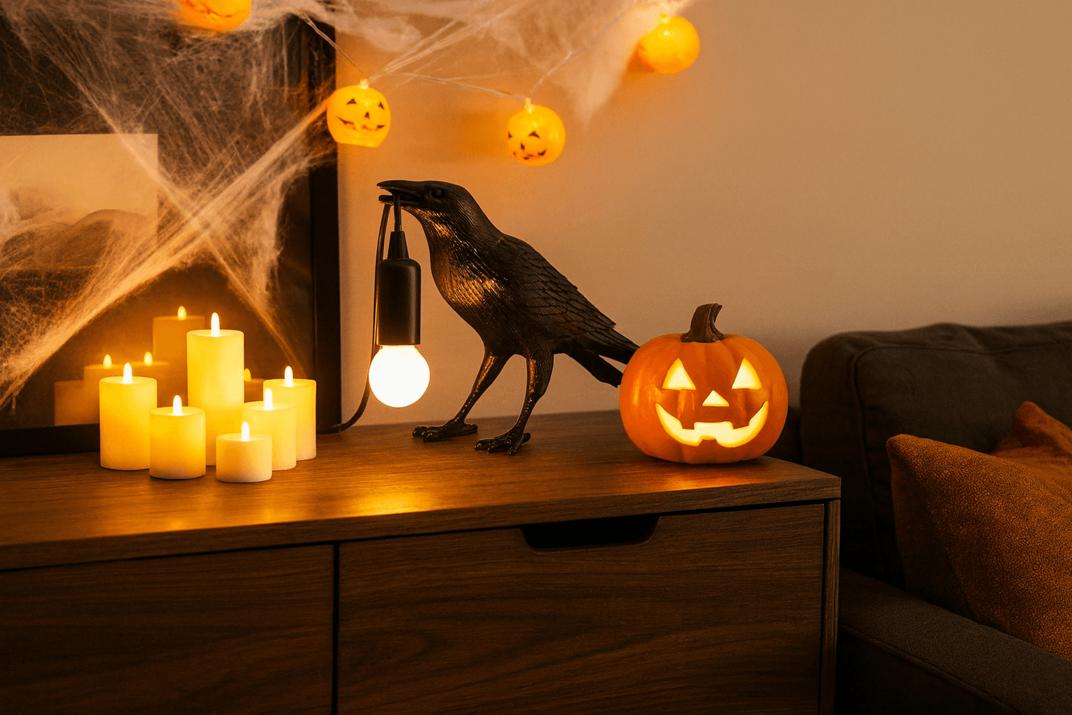 Halloween-themed decor featuring a carved pumpkin, candles, and a decorative crow on a wooden table.