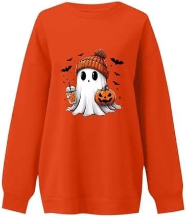 Orange Halloween sweatshirt featuring a cute ghost with a pumpkin and drink, perfect for festive celebrations.
