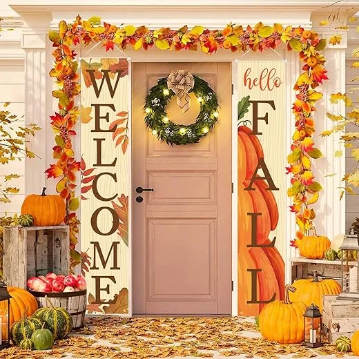 Decorative fall entrance with pumpkins, autumn leaves, and a welcoming wreath, perfect for seasonal home decor.