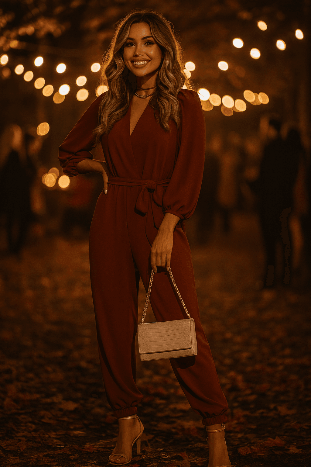 Woman in a stylish red jumpsuit poses confidently with a handbag, surrounded by warm, festive lighting in autumn.