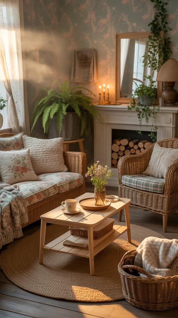 floral textiles and wicker