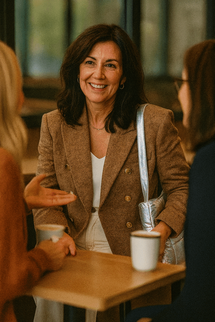 Smiling woman in a brown blazer engages in conversation with friends over coffee in a cozy café setting.
