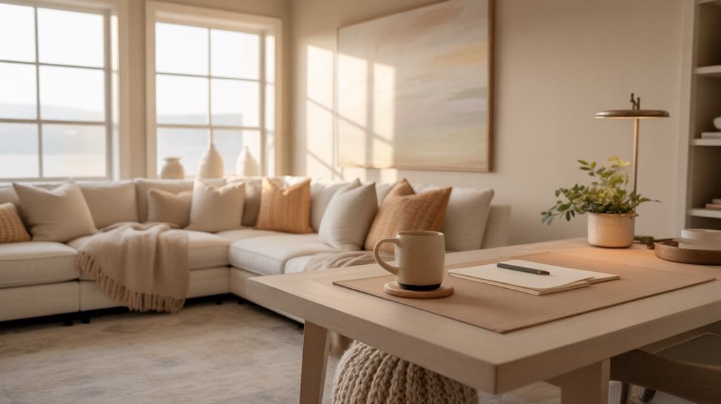 warm accents enhance neutral tranquility
