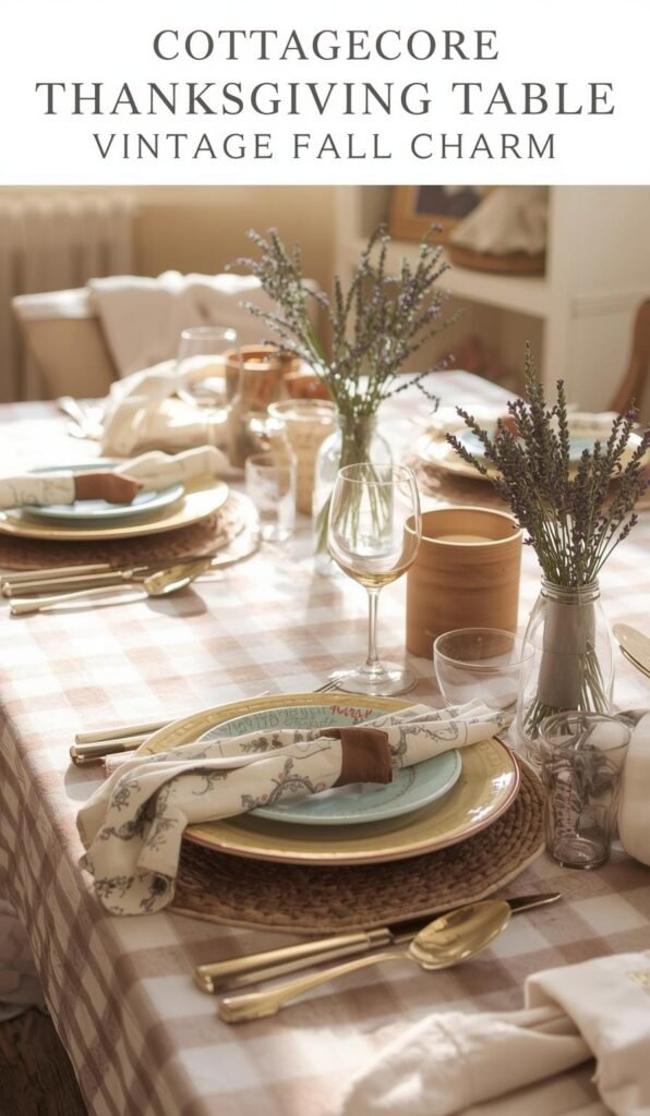 Cottagecore Thanksgiving table setting with vintage decor, featuring elegant plates, glassware, and lavender arrangements.