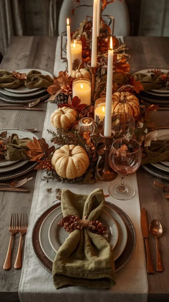 Elegant autumn dining table set with candles, pumpkins, and greenery, perfect for festive gatherings and seasonal celebrations.