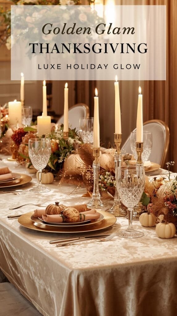 Elegant Thanksgiving table setting with golden accents, candles, and seasonal decorations for a luxurious holiday celebration.