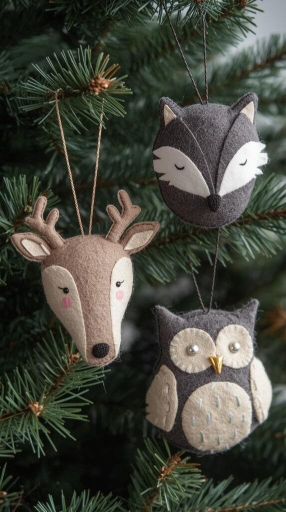 Felt animal ornaments featuring a deer, fox, and owl hanging on a Christmas tree. Perfect for holiday decor.