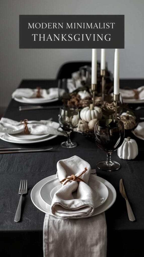 Modern minimalist Thanksgiving table setting with elegant plates, candles, and decorative pumpkins for a stylish celebration.