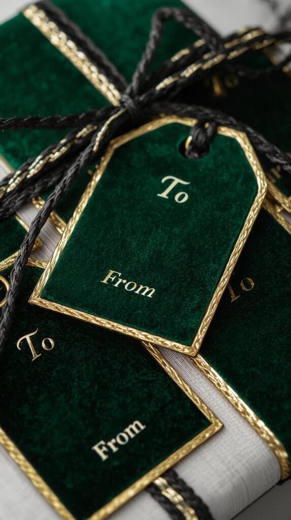Elegant green gift tags with gold accents, labeled "To" and "From," tied with black braided ribbon on a wrapped present.