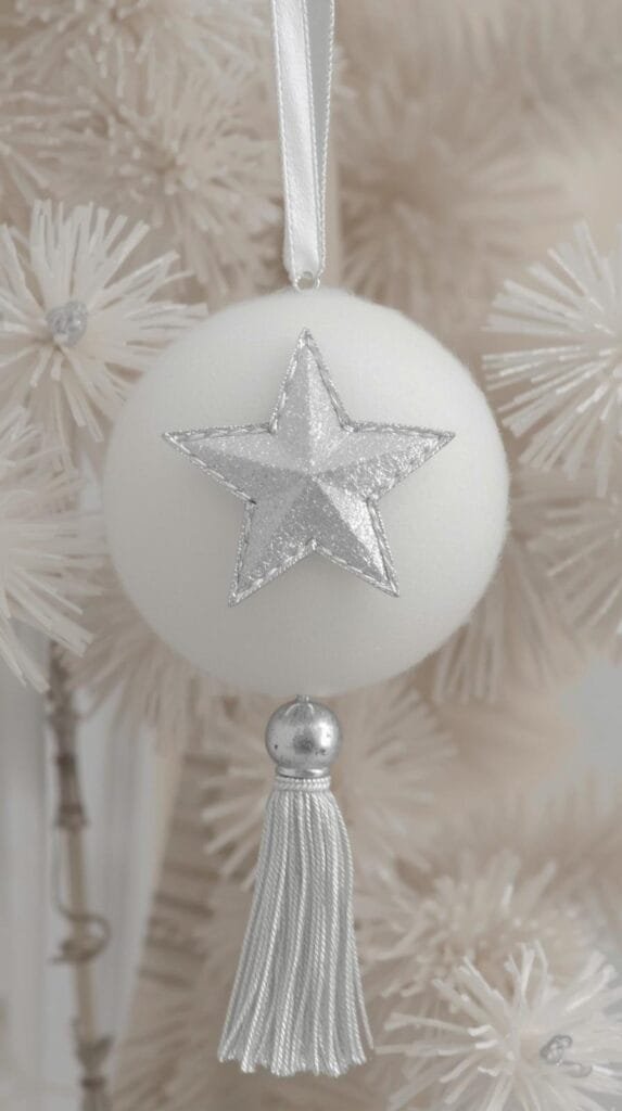 White Christmas ornament featuring a silver star and tassel, hanging against a soft, neutral backdrop.