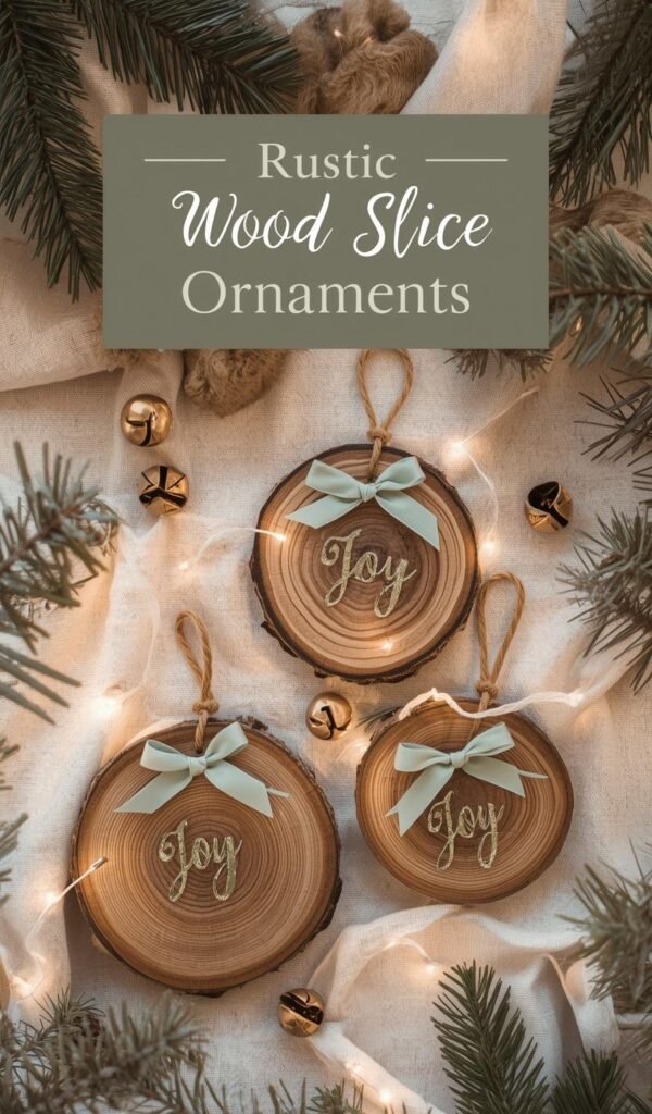 Rustic wood slice ornaments featuring "Joy" in gold, adorned with mint green bows and surrounded by festive decor.