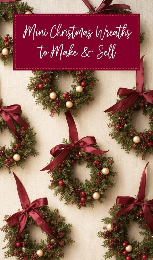 Mini Christmas wreaths decorated with red and gold accents, perfect for festive decorations or holiday sales.