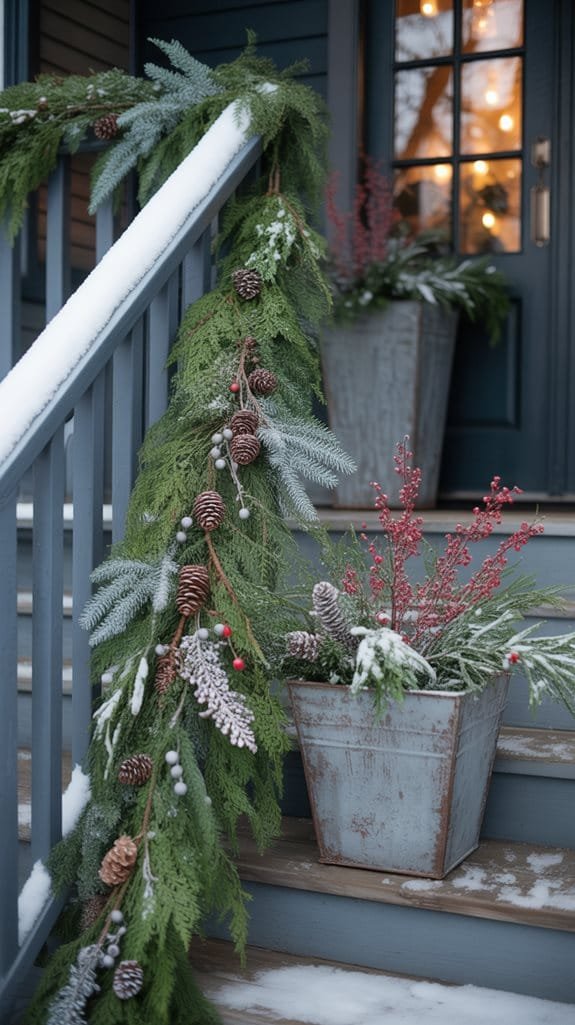 evergreen garlands enhance entryway