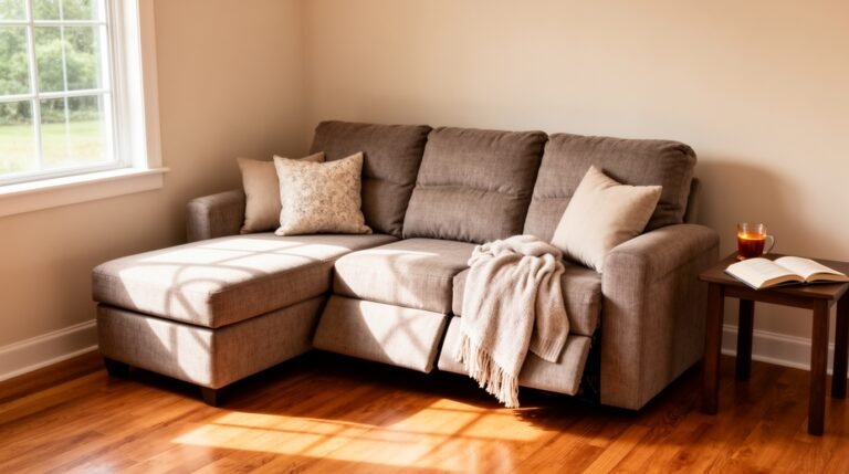 Cozy living room featuring a sectional sofa, decorative pillows, a warm throw, and a side table with a book and drink.