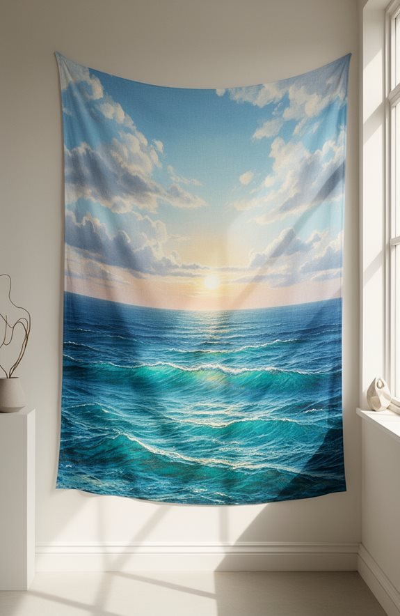 Decorative wall tapestry depicting a serene ocean view with vibrant blue waves and a sunset in the background, perfect for beach-themed home decor.
