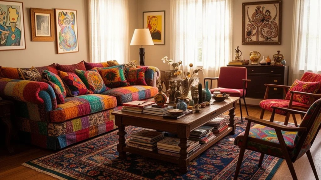 Vibrant living room featuring colorful patchwork sofa, eclectic decor, and artistic wall art, creating a cozy ambiance.