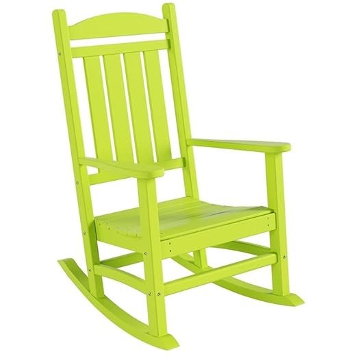 Bright green rocking chair with slatted design, perfect for outdoor relaxation or adding a pop of color to any space.