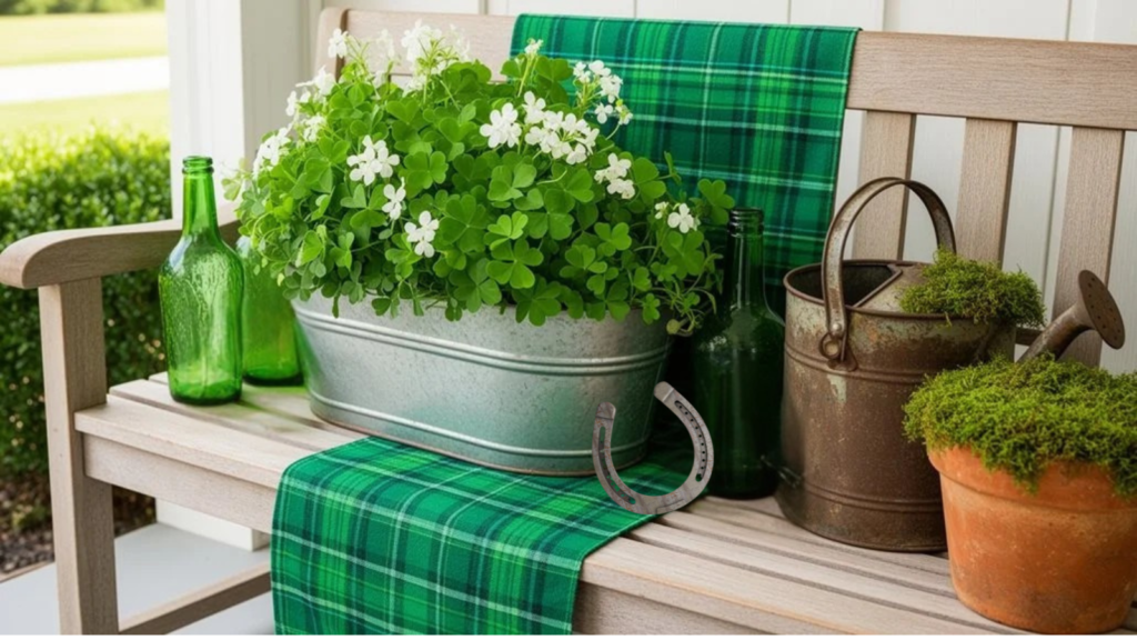 Decorative green plants in a metal pot on a wooden bench, surrounded by vintage bottles and rustic watering can.
