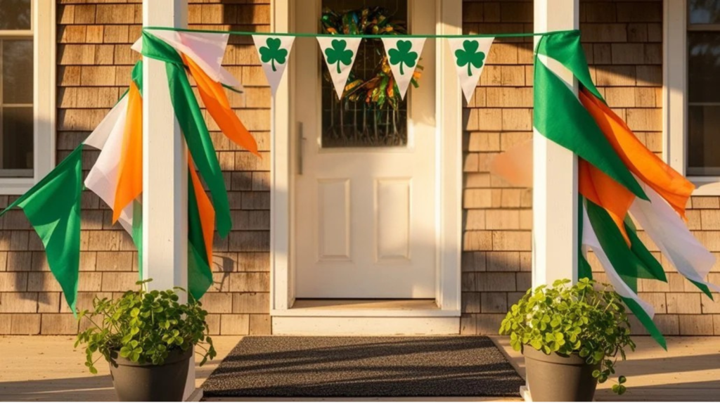 St. Patrick's Day decorations featuring green, white, and orange flags with shamrocks adorning a home's entrance.