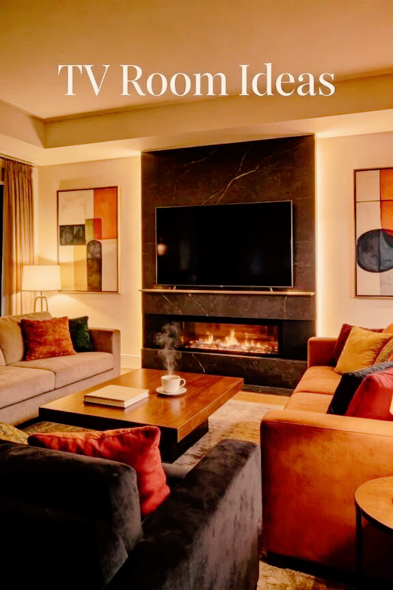 Cozy TV room featuring modern decor, comfortable seating, and a stylish fireplace for relaxation and entertainment.